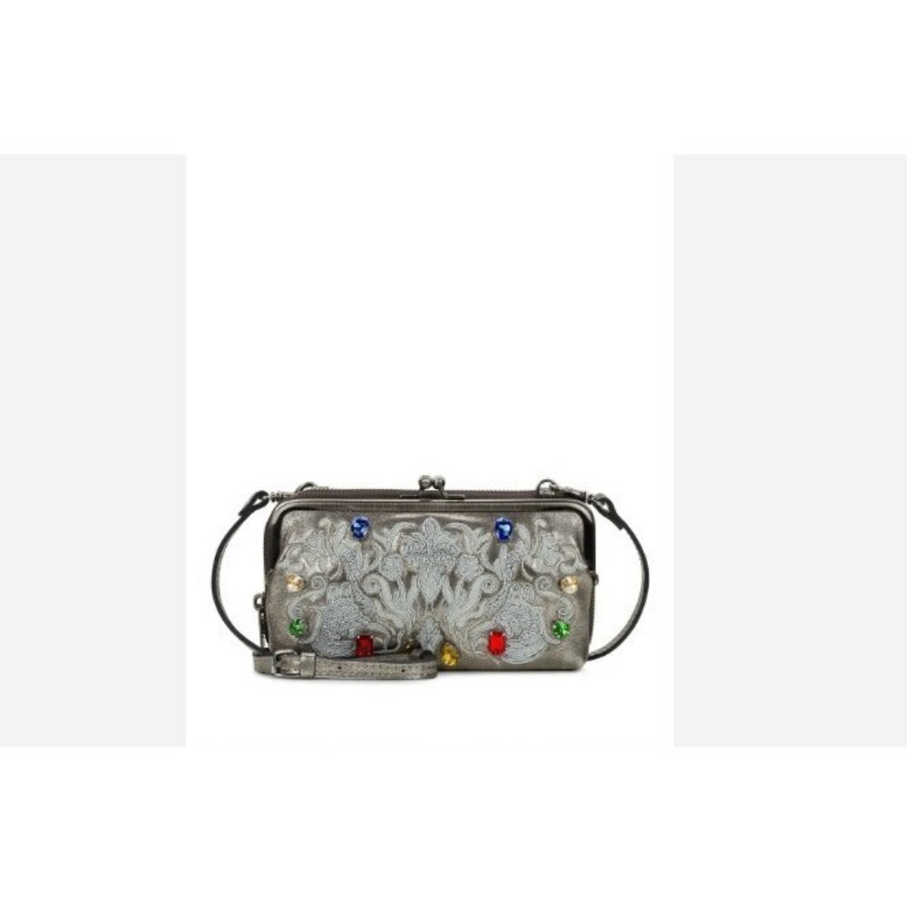 Patricia Nash Missoula gems leather frame phone crossbody bag wallet -Platinum